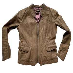 Danier Fitted Zipper Beige Leather Jacket With Ribbed Textile Panels Size Small